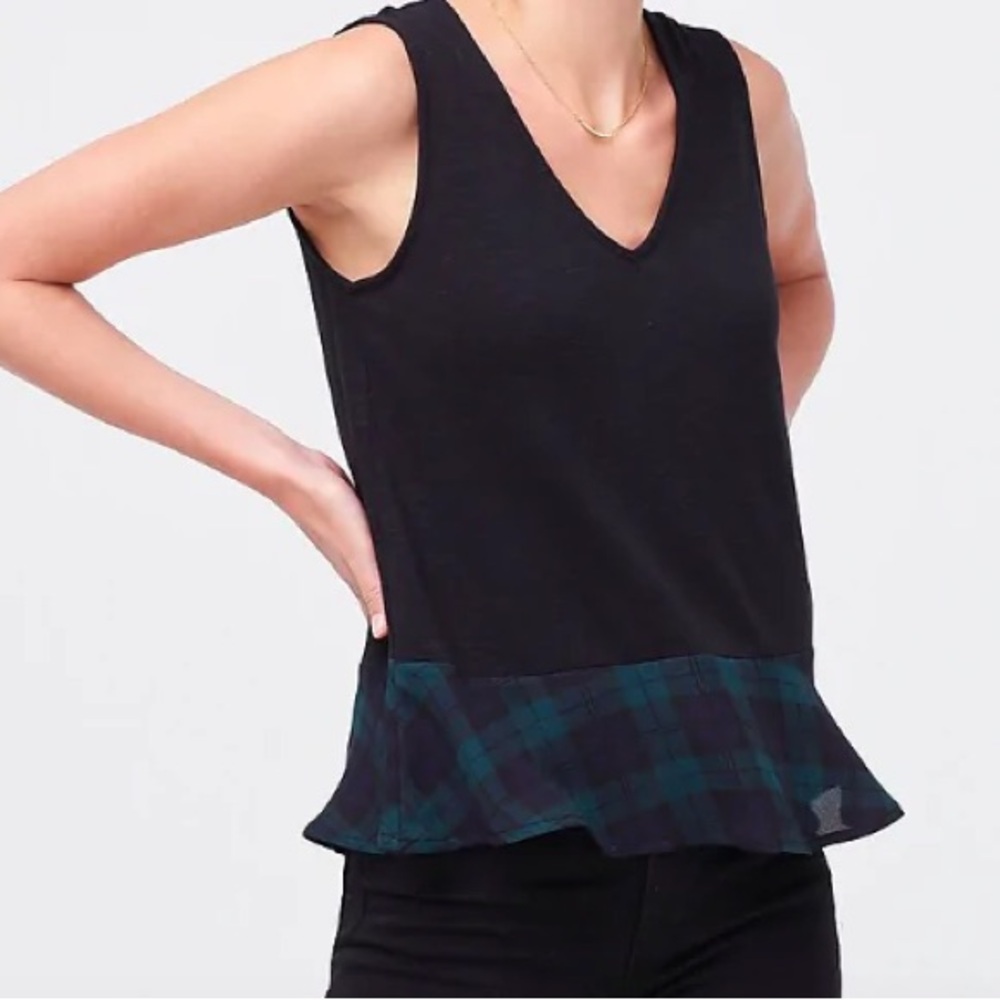 J.Crew Sleeveless Peplum Top Plaid Hem Black Green Size Small NWT